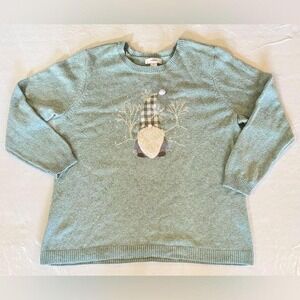 Winter Gnome Sweater Green-blue Knit Applique 1X‎ winter whimsical snow teacher